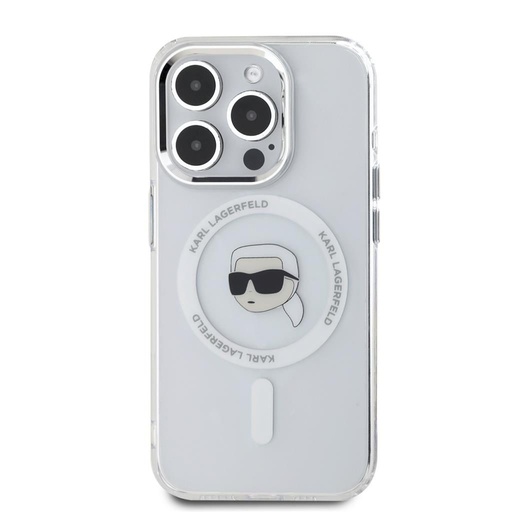 Apple iPhone 15 Pro Karl Lagerfeld IML Karl Head Metal Frame MagSafe pouzdro (Průhledný) – KLHMP15LHLSKIH