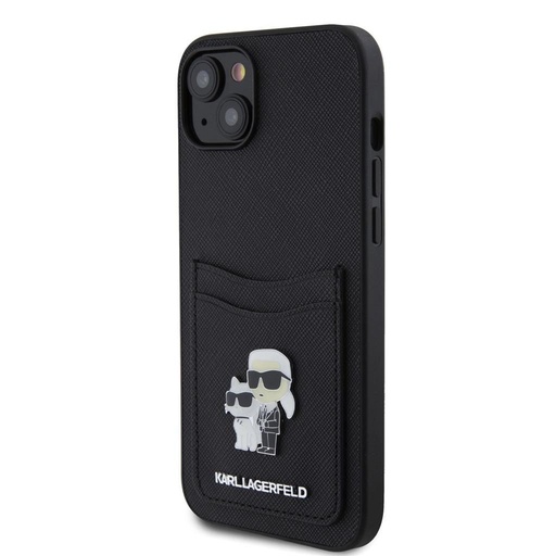 Apple iPhone 15 Karl Lagerfeld PU Saffiano Card Slot Metal Karl and Choupette pouzdro (Černá) – KLHCP15SSAPKCNPK
