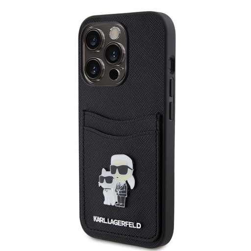 Apple iPhone 15 Pro Karl Lagerfeld PU Saffiano Card Slot Metal Karl and Choupette pouzdro (Černá) – KLHCP15LSAPKCNPK