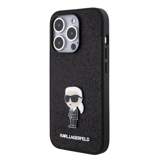 Apple iPhone 15 Pro Karl Lagerfeld Fixed Glitter Metal Ikonický pouzdro (Černá) – KLHCP15LGKNPSK