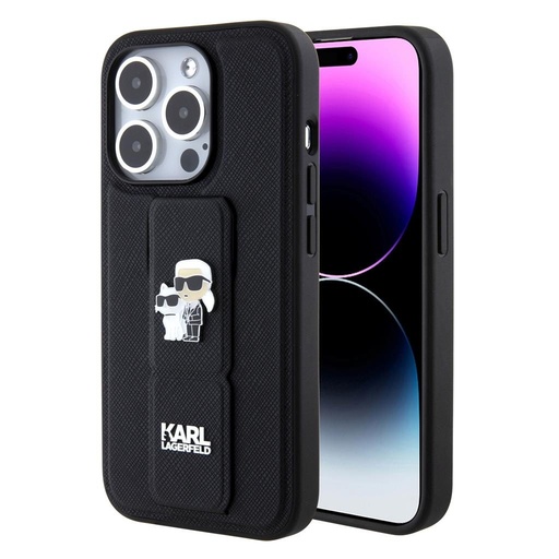 Apple iPhone 15 Pro Max Karl Lagerfeld Saffiano Grip Stand Metal Logo pouzdro (Černá) – KLHCP15XGSAKCPK