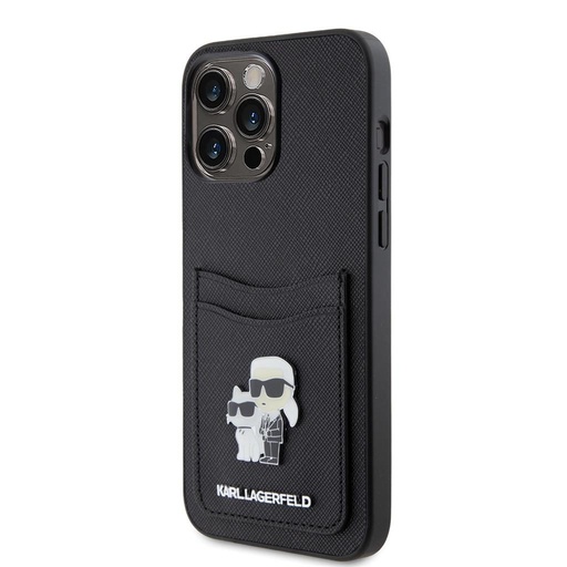 Apple iPhone 15 Pro Max Karl Lagerfeld PU Saffiano Card Slot Metal Karl and Choupette pouzdro (Černá) – KLHCP15XSAPKCNPK