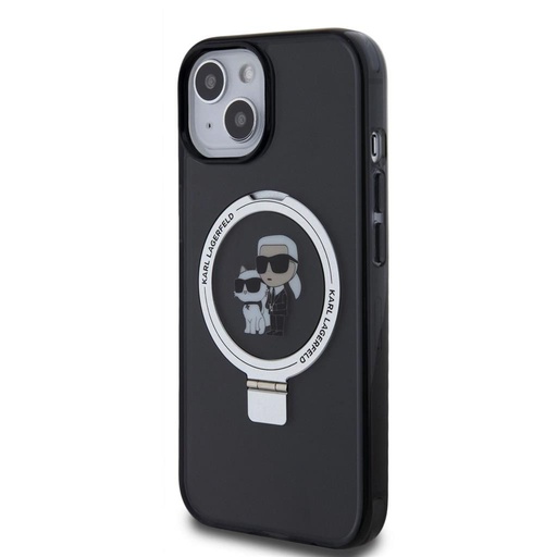 Apple iPhone 15 Karl Lagerfeld Ringstand Karl and Choupette MagSafe pouzdro (Černá) – KLHMP15SHMRSKCK