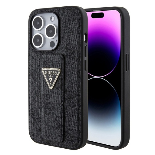 Apple iPhone 15 Pro Guess PU Grip Stand Strass Triangle pouzdro (Černá) - GUHCP15LPGS4TDK