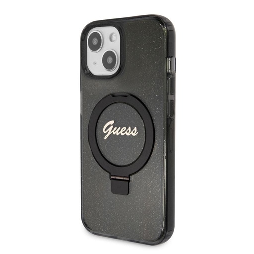 Apple iPhone 15 Guess IML Ring Stand Glitter MagSafe pouzdro (Černá) - GUHMP15SHRSGSK