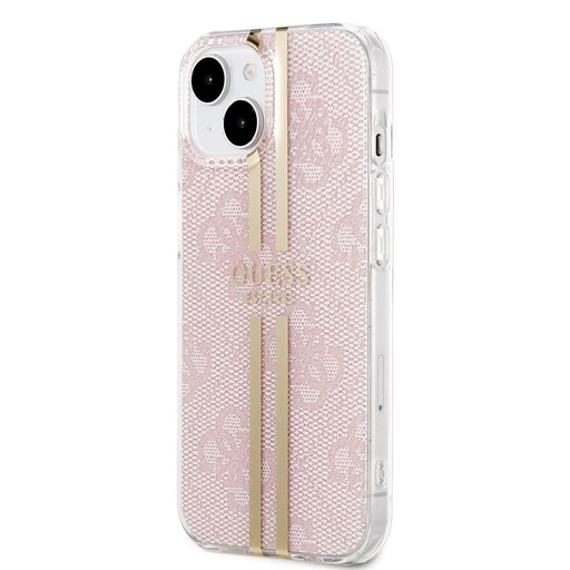 Apple iPhone 15 Guess IML 4G Zlatá Stripe pouzdro (Růžová) - GUHCP15SH4PSEGP