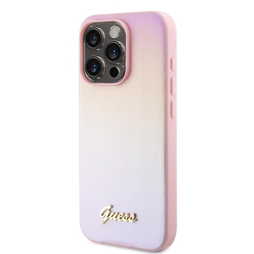 Apple iPhone 15 Pro Guess PU Leather Iridescent Metal Script pouzdro (Růžová) - GUHCP15LPSAIRSP