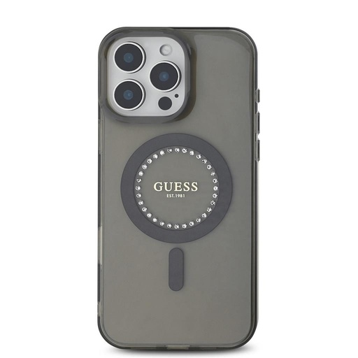 Apple iPhone 16 Pro Max Guess IML Rhinestones Ring MagSafe pouzdro (Černá) - GUHMP16XPFTDTEK