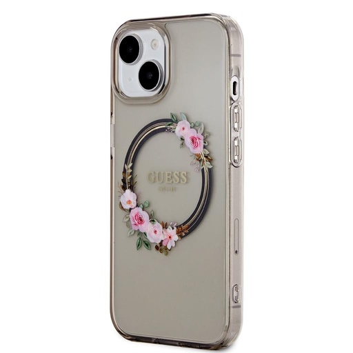 Apple iPhone 15 Guess Flowers Ring MagSafe pouzdro (Černá) - GUHMP15SHFWFCK