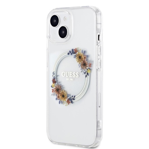 Apple iPhone 15 Guess Flowers Ring MagSafe pouzdro (Průhledný) - GUHMP15SHFWFCT