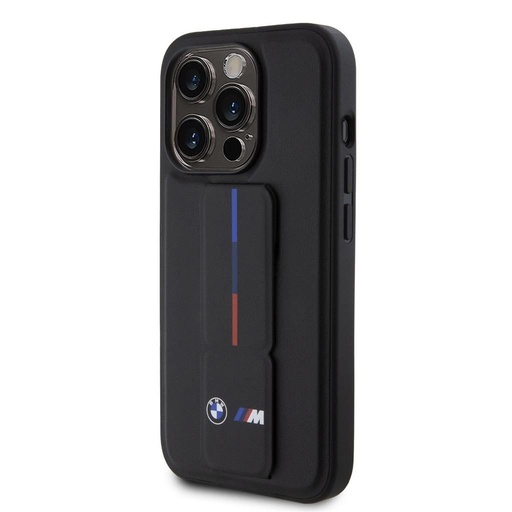 Apple iPhone 15 Pro Max BMW M Collection PU Grip Stand pouzdro – Tricolor Line (Černá) - BMHCP15X22GSLK