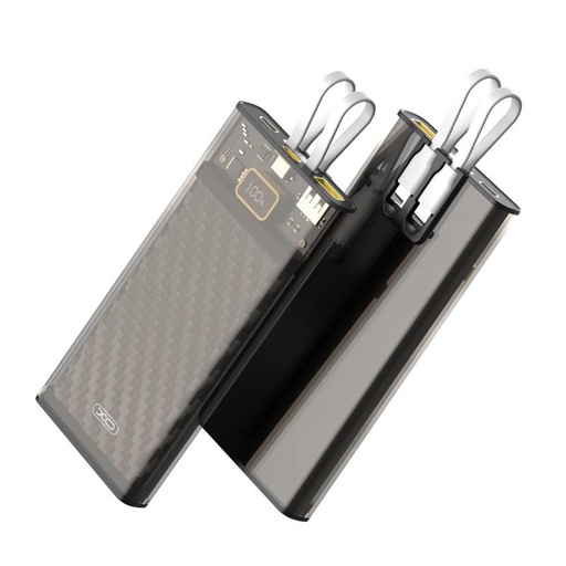 XO PR195 power bank 10000 mAh (Průhledný) – rychlé nabíjení PD 20W + QC 22.5W, digitální displej, USB-C a Lightning kabel