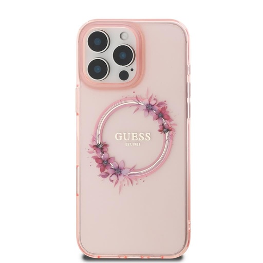 Apple iPhone 16 Pro Guess IML Flowers Ring MagSafe pouzdro (Růžová) - GUHMP16LHFWFCP