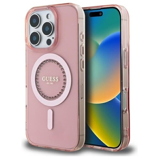 Apple iPhone 16 Pro Max Guess IML Rhinestones Ring MagSafe pouzdro (Bílá) - GUHMP16XPFTDTEH