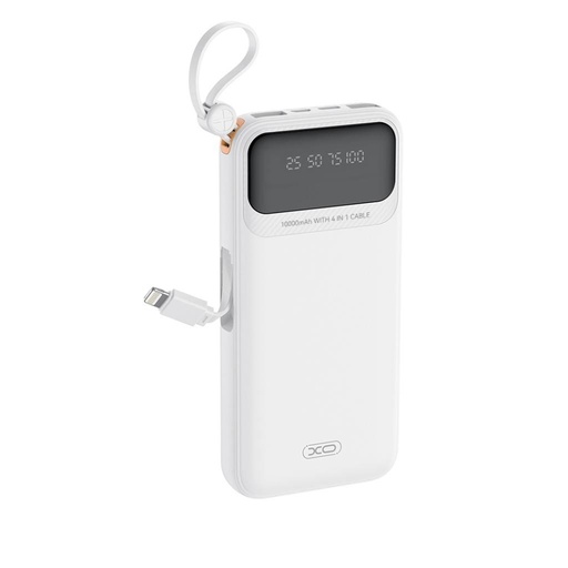 XO PR278 power bank 10000 mAh (Bílá) – digitální displej, 4 vestavěný kabel (USB-A, USB-C, MicroUSB, Lightning)