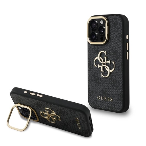 Apple iPhone 15 Pro Max Guess PU 4G Metal Logo Stand Camera Frame pouzdro (Černá) - GUHCP15XPCS4GP4K