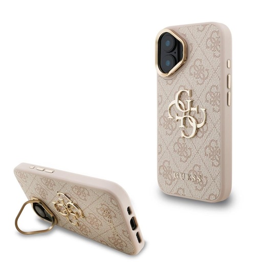 Apple iPhone 16 Guess PU 4G Metal Logo Stand Camera Frame pouzdro (Růžová) - GUHCP16SPCS4GP4P