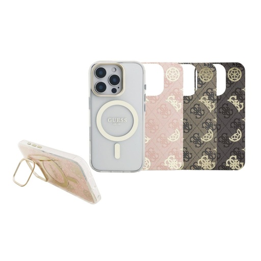 Apple iPhone 16 Pro Max Guess PC/TPU Electroplated Stand Camera Frame MagSafe pouzdro vyměnitelný se zadním krytem (Průhledný) - GUBPSBHMP16X