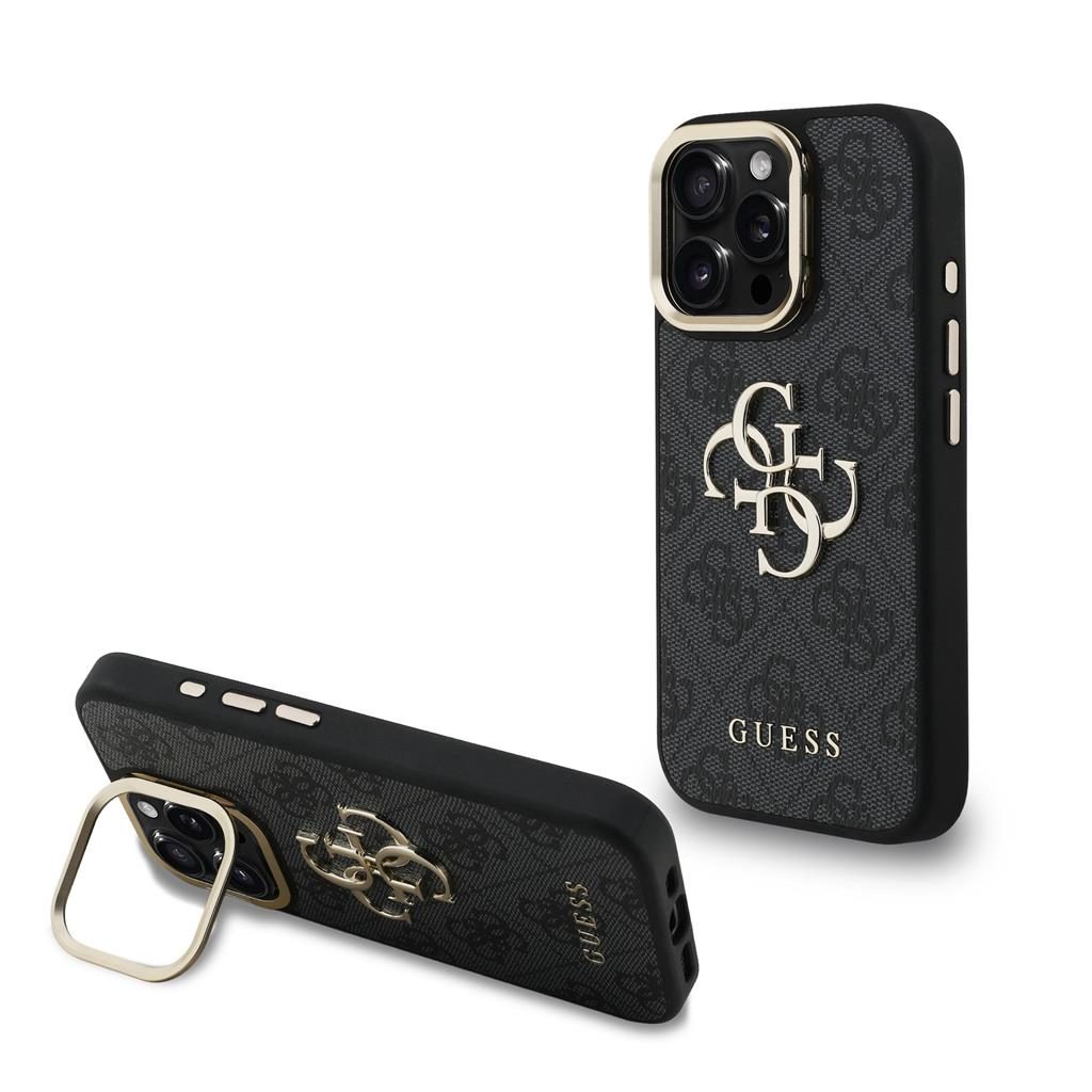 Apple iPhone 16 Pro Guess PU 4G Metal Logo Stand Camera Frame tok (Fekete) - GUHCP16LPCS4GP4K