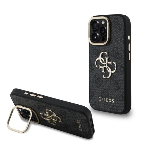 Apple iPhone 16 Pro Guess PU 4G Metal Logo Stand Camera Frame pouzdro (Černá) - GUHCP16LPCS4GP4K