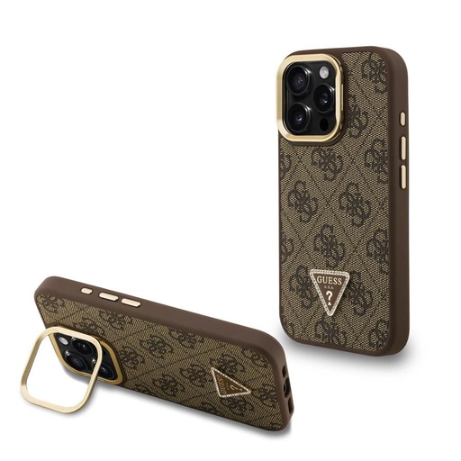 Apple iPhone 15 Pro Max Guess PU 4G Strass Triangle Logo Stand Camera Frame MagSafe pouzdro (Hnědá) - GUHMP15XPCS4GPTW