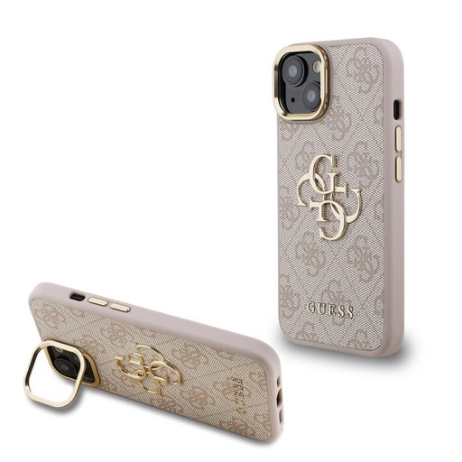 Apple iPhone 15 Guess PU 4G Metal Logo Stand Camera Frame pouzdro (Růžová) - GUHCP15SPCS4GP4P