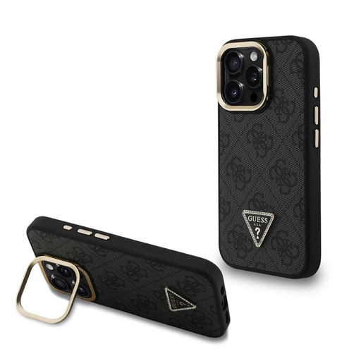 Apple iPhone 16 Pro Max Guess PU 4G Strass Triangle Logo Stand Camera Frame MagSafe pouzdro (Černá) - GUHMP16XPCS4GPTK