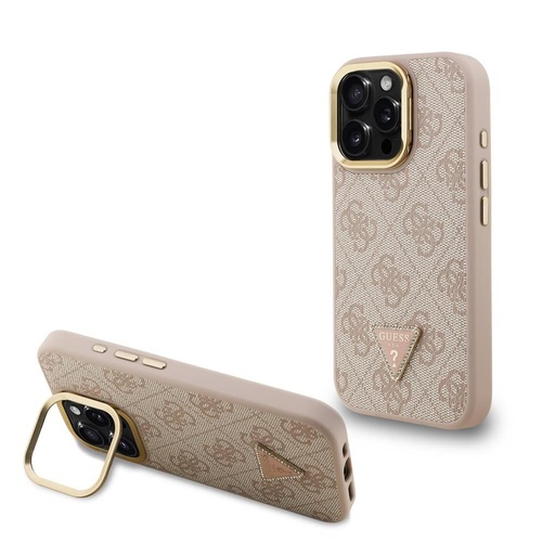 Apple iPhone 16 Pro Max Guess PU 4G Strass Triangle Logo Stand Camera Frame MagSafe pouzdro (Růžová) - GUHMP16XPCS4GPTP