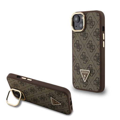 Apple iPhone 15 Guess PU 4G Strass Triangle Logo Stand Camera Frame MagSafe pouzdro (Hnědá) - GUHMP15SPCS4GPTW