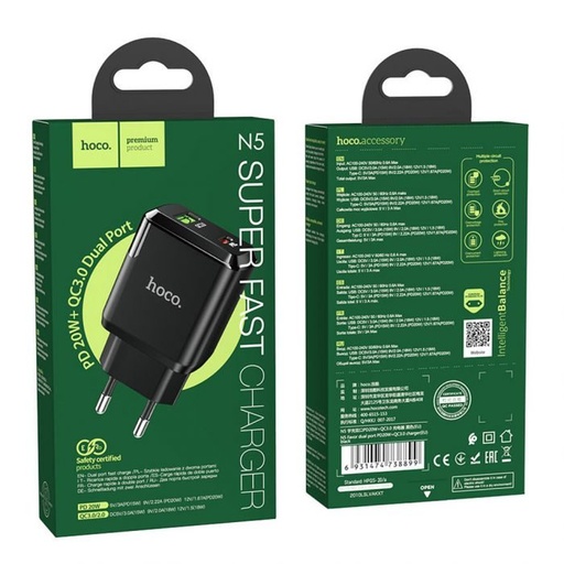 Hoco N5 síťový rychlonabíjecí (QC, PD), PD20W + QC3.0, černá