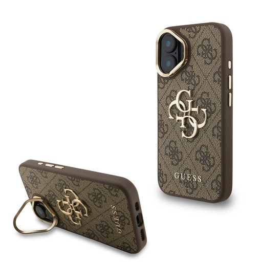 Apple iPhone 16 Guess PU 4G Metal Logo Stand Camera Frame pouzdro (Hnědá) - GUHCP16SPCS4GP4W
