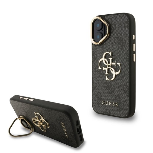Apple iPhone 16 Guess PU 4G Metal Logo Stand Camera Frame pouzdro (Černá) - GUHCP16SPCS4GP4K
