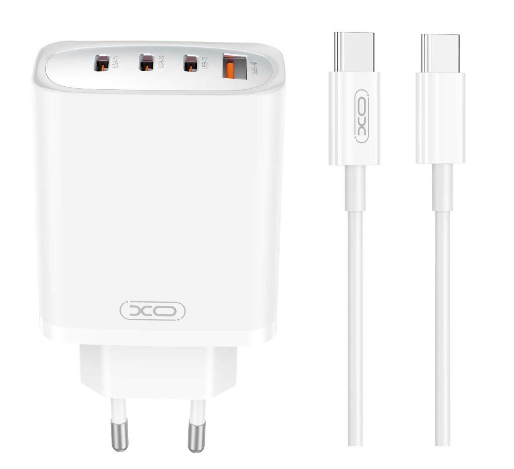 XO CE23 GaN fali töltő 65W 3x USB-C + 1x USB-A + Type-C kábel (Fehér)