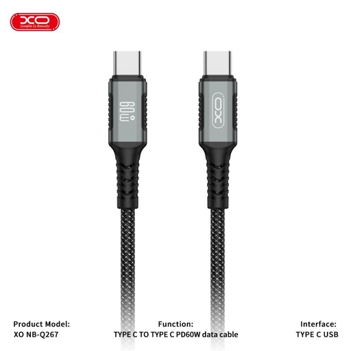 XO NB-Q267 magnetický USB-C–USB-C datový kabel (Černá) – 1 m, pletený provedení, 60W