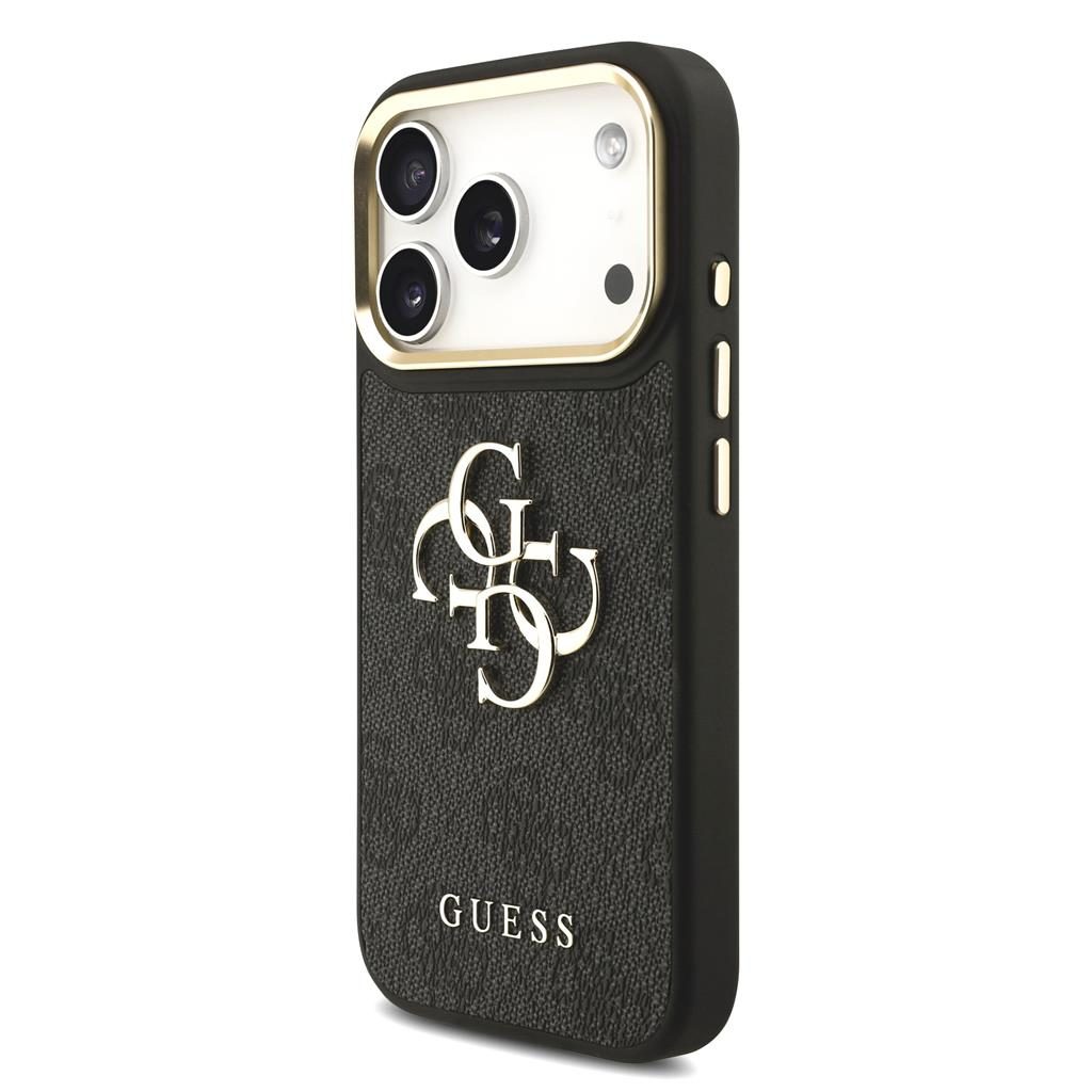 Guess PU Leather 4G Metal Logo Gold Frame iPhone 17 Pro (Fekete)