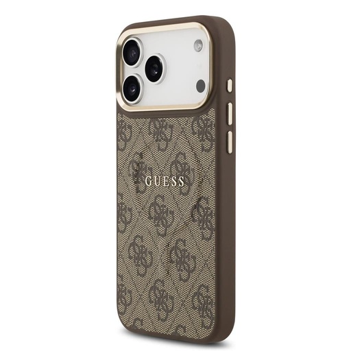 Guess PU Leather 4G Zlatá Frame MagSafe iPhone 17 Pro Max (Hnědá)