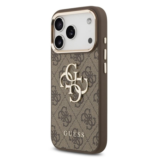 Guess PU Leather 4G Metal Logo Zlatá Frame iPhone 17 Pro (Hnědá)
