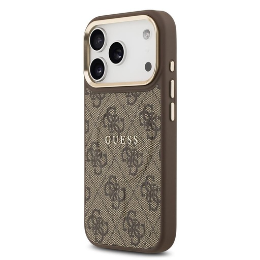 Guess PU Leather 4G Zlatá Frame MagSafe iPhone 17 Pro (Hnědá)