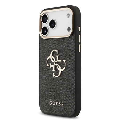 Guess PU Leather 4G Metal Logo Zlatá Frame iPhone 17 Pro Max (Černá)