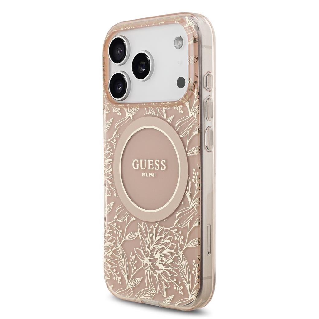 Guess IML Flowers Allover Strap MagSafe iPhone 17 Pro (Rózsaszín)