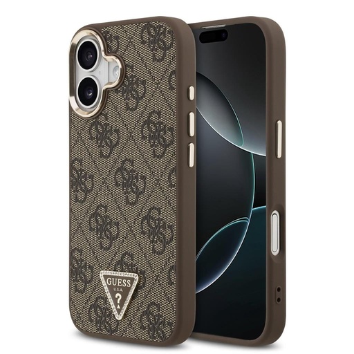Guess PU Leather 4G Strass Triangle Logo Zlatá Frame MagSafe pouzdro iPhone 17 (Hnědá) - GUHMP17SP4GTDGMW