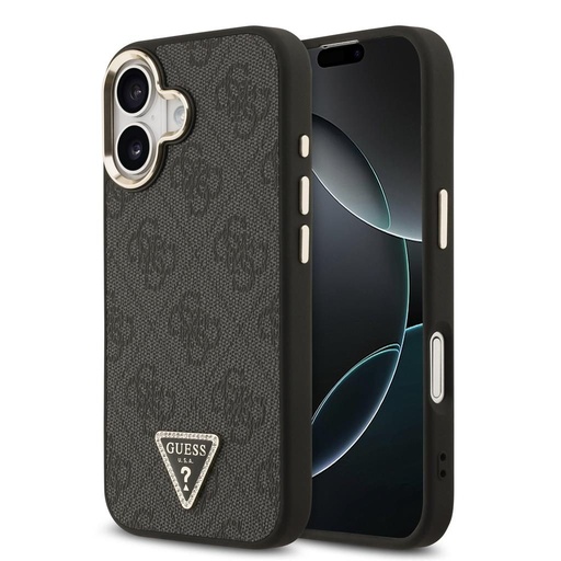Guess PU Leather 4G Strass Triangle Logo Zlatá Frame MagSafe pouzdro iPhone 17 (Černá) - GUHMP17SP4GTDGMK