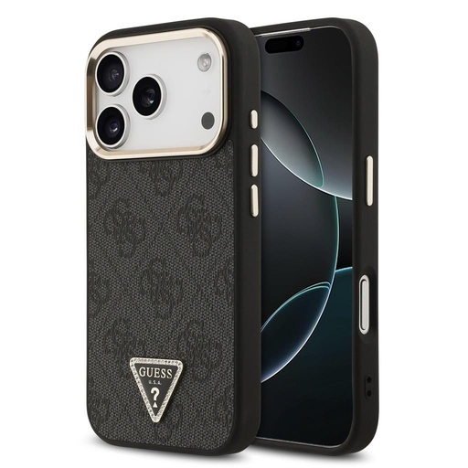 Guess PU Leather 4G Strass Triangle Logo Zlatá Frame MagSafe pouzdro iPhone 17 Pro (Černá) - GUHMP17LP4GTDGMK
