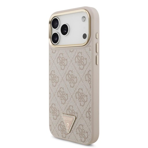 Guess PU Leather 4G Strass Triangle Logo Zlatá Frame MagSafe pouzdro iPhone 17 Pro Max (Růžová)