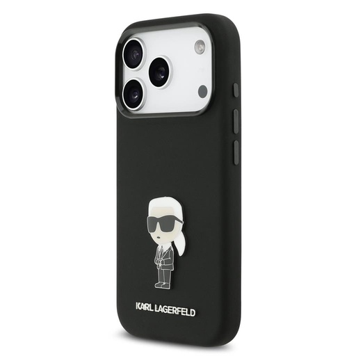 Karl Lagerfeld Liquid Silicone Metal Ikonický pouzdro iPhone 17 Pro (Černá)