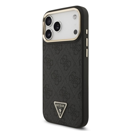 Guess PU Leather 4G Strass Triangle Logo Zlatá Frame MagSafe pouzdro iPhone 17 Pro Max (Černá)