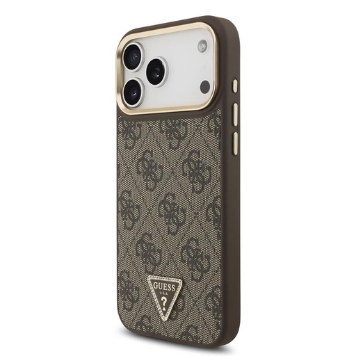 Guess PU Leather 4G Strass Triangle Logo Zlatá Frame MagSafe pouzdro iPhone 17 Pro Max (Hnědá)