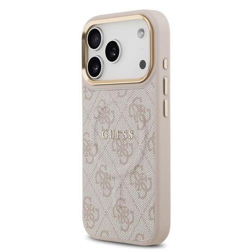 Guess PU Leather 4G Zlatá Frame MagSafe pouzdro iPhone 17 Pro (Růžová)