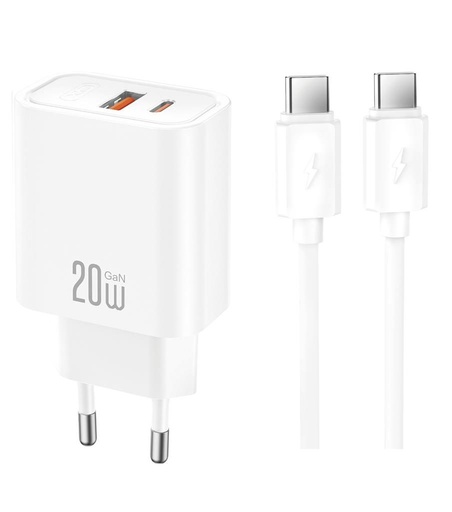 XO CE40(EU) síťový rychlonabíječka + Type-C kabel (Bílá) - 20W, 1xUSB-A + 1xUSB-C, NB299 sada
