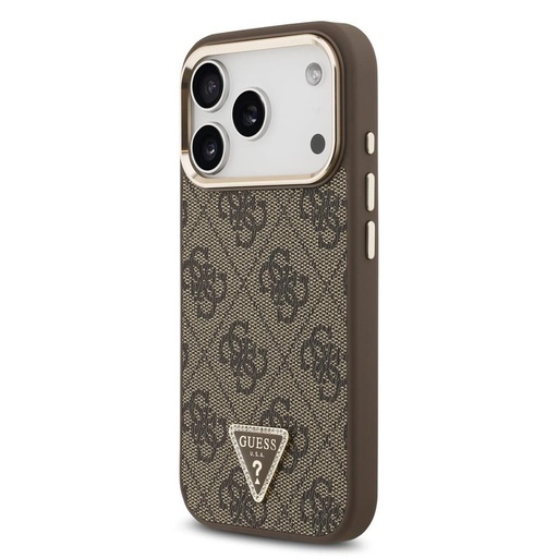 Guess PU Leather 4G Strass Triangle Logo Zlatá Frame MagSafe pouzdro iPhone 17 Pro (Hnědá) - GUHMP17LP4GTDGMW
